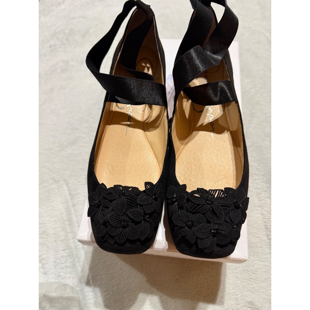 Jessica Simpson Mileena Black Microsuede Floral Ankle Tie Ballet Flats 10M